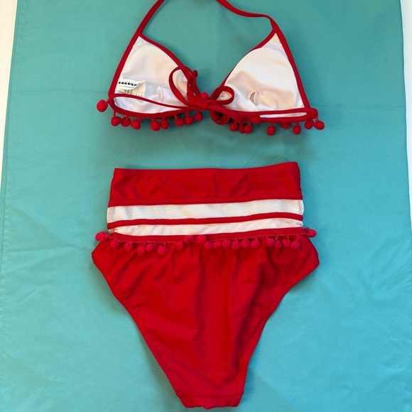 Coco ship Red pom Pom Bikini Set size 4 with mesh woman’s - Picture 3 of 11